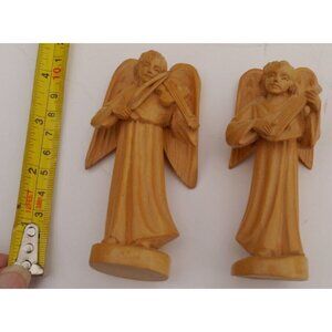 Two Small Detailed Hand Carved Solid Light Wood Angels w Instruments 4" Tall